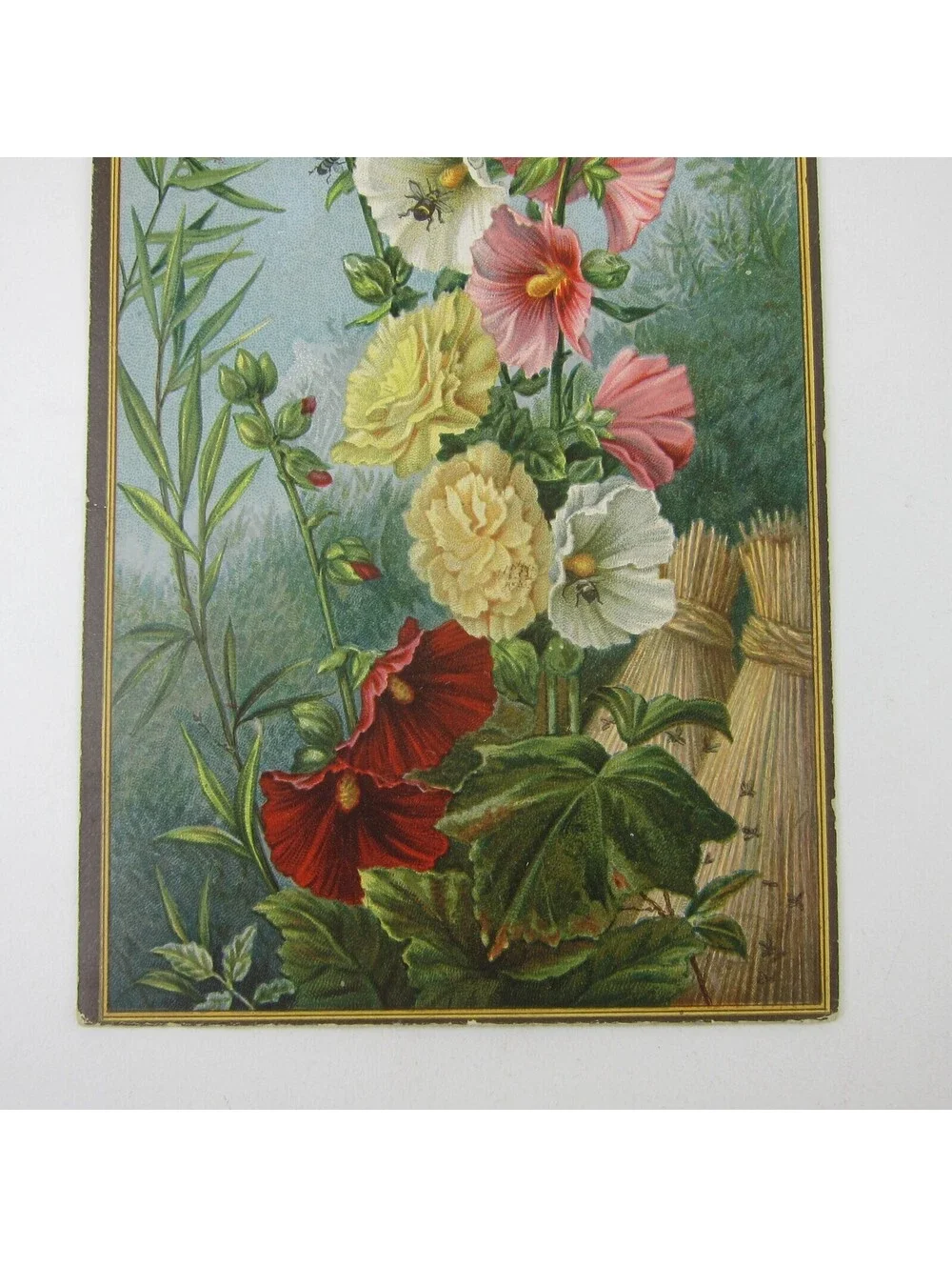 Victorian Greeting Card Flowers Red Pink White Hollyhocks Bee Dragonfly Antique